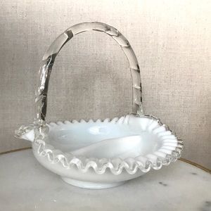 Exquisite Fenton Milk Glass Divided Bowl with Handle & Silvercrest Ruffle Rim